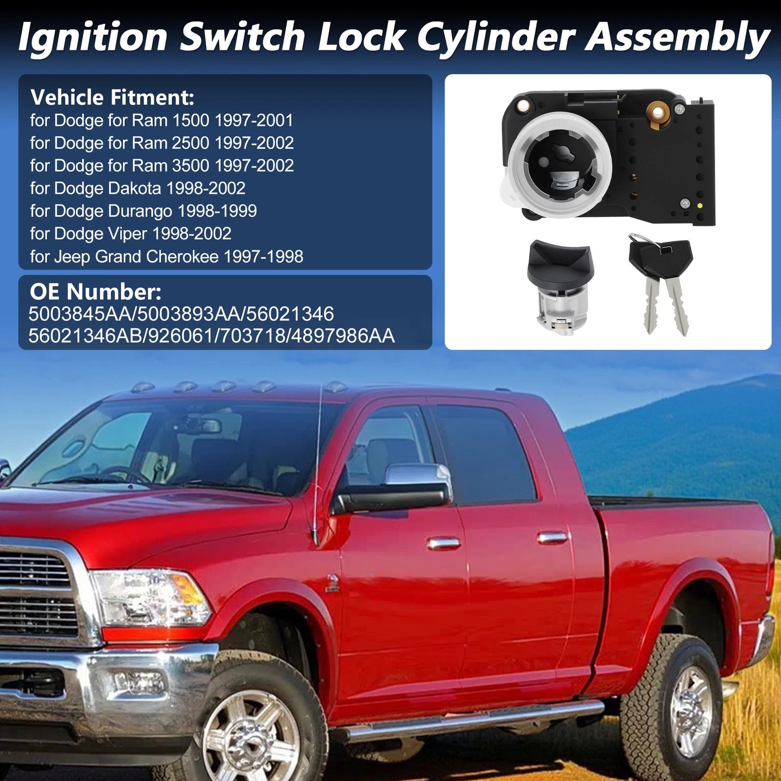 Ignition Lock Switch Assembly Replacement for Dodge Ram 1500 2500 3500 (1997–2003)