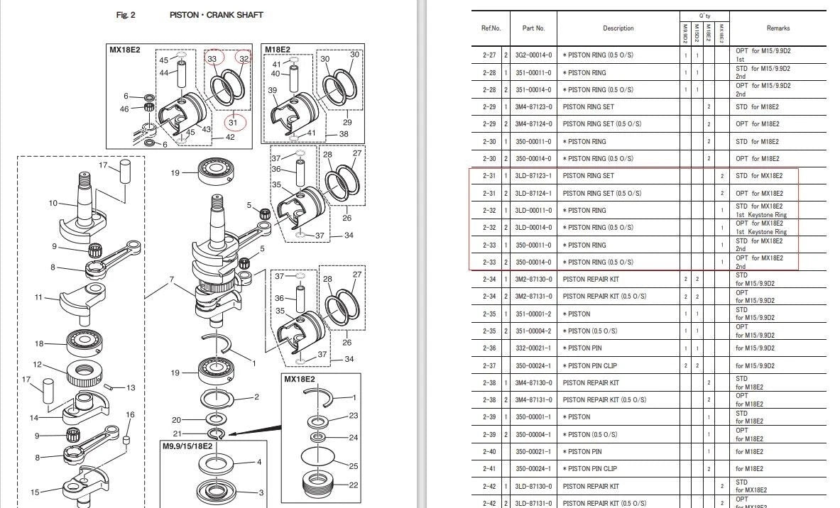 Set of 2 Piston Rings +050 for Tohatsu MX18E2 Outboard (18HP) 3LD-87124-0, 3LD-00014-0