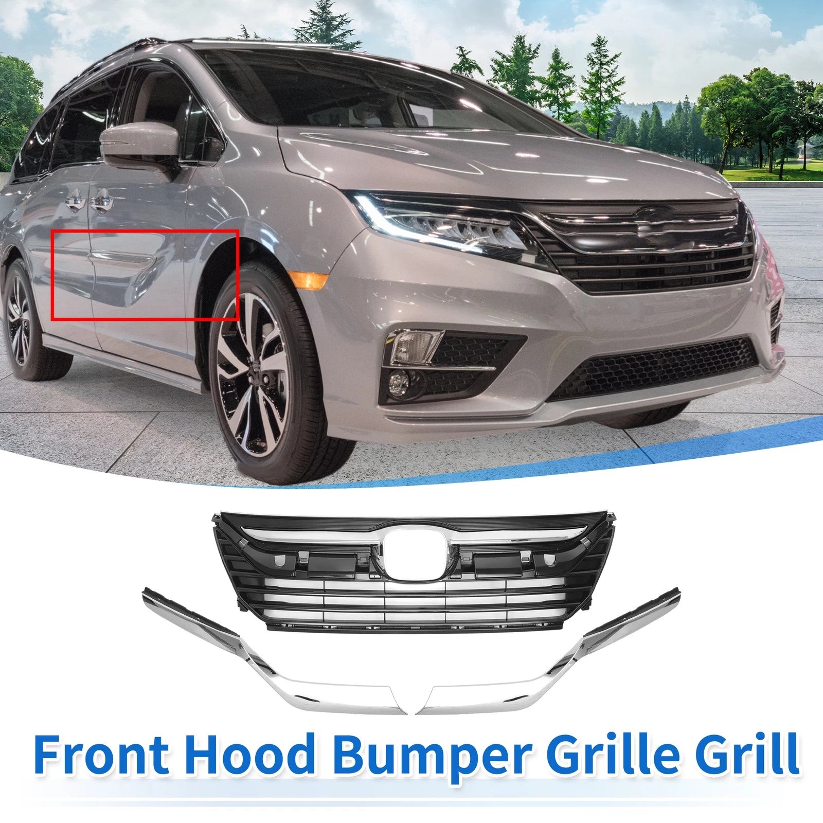 Front Upper Bumper Grille for Honda Odyssey (2018–2020) Chrome Silver Set