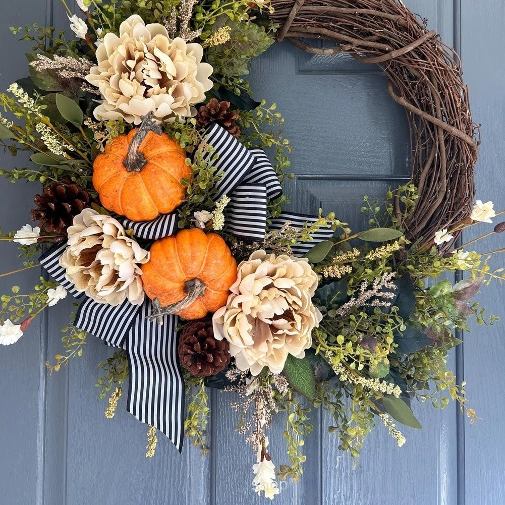 Orange Fall Wreath 45cm with Pumpkin Maple Leaf and Eucalyptus