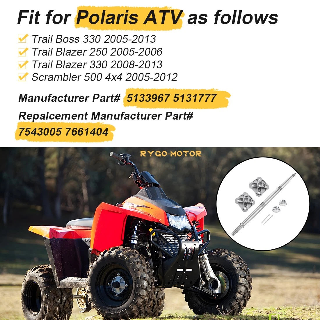 Rear Axle Shaft & Hubs for Polaris ATV Trail Blazer Trail Boss Scrambler (1999–2005) 5133967