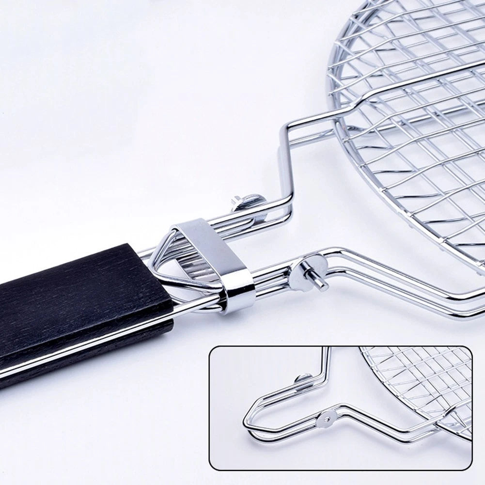 Stainless Steel Barbecue Grill Basket with Wooden Handle for Easy Flipping