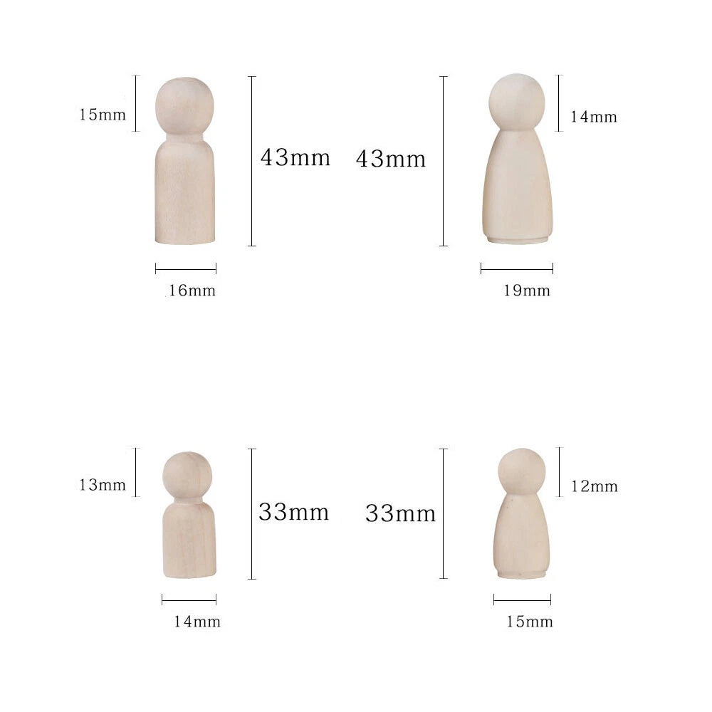 50 Pcs Unpainted Wooden Peg Dolls for Kids DIY Crafts (33-65mm)