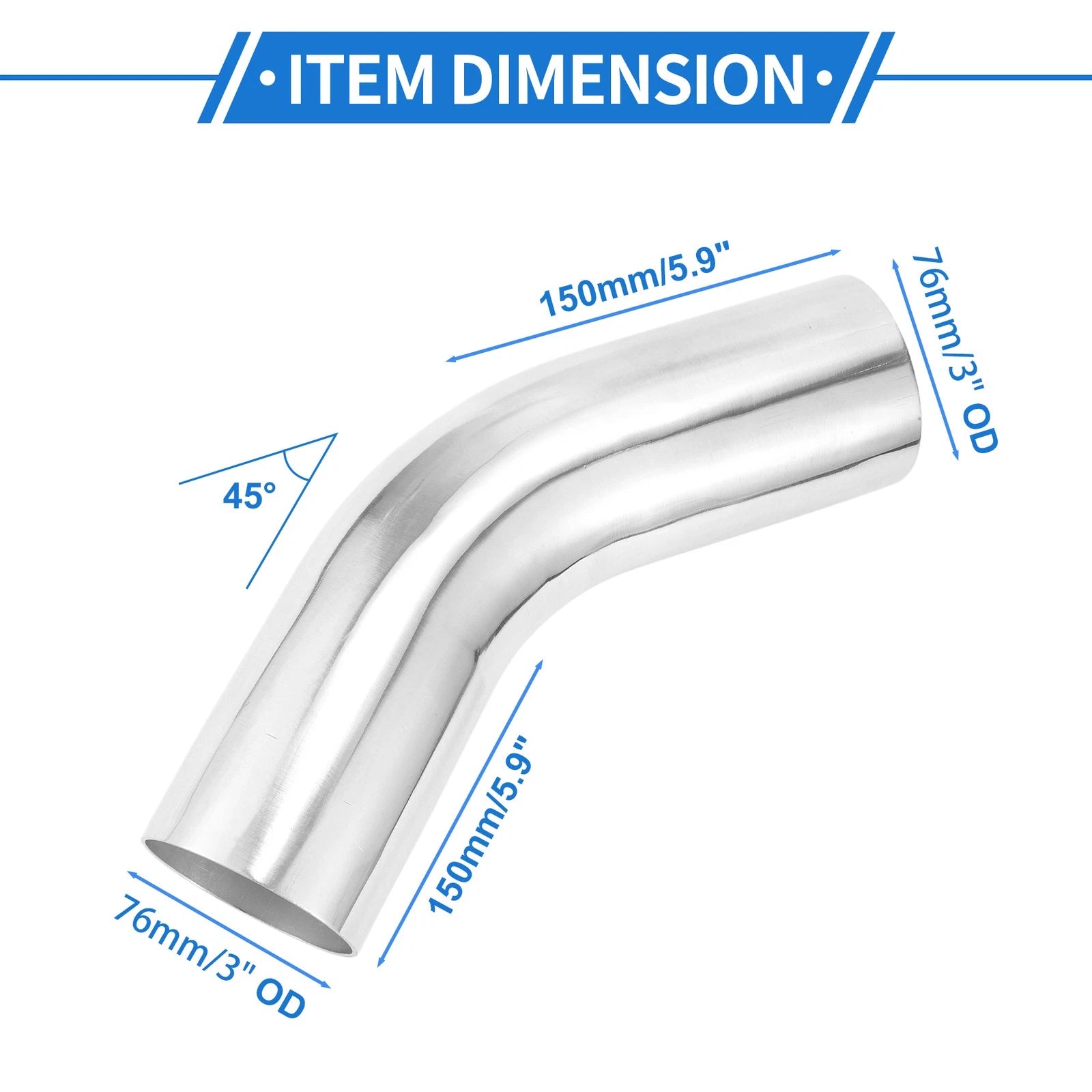 45 Degree Bend Intercooler Pipe 76mm/3"OD 6061 Aluminum Alloy 150mm