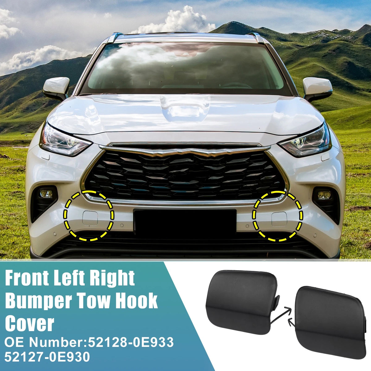 1 Pair Front Bumper Tow Hook Cover for Toyota Highlander (2014–2019) No.52128-0E933 Black
