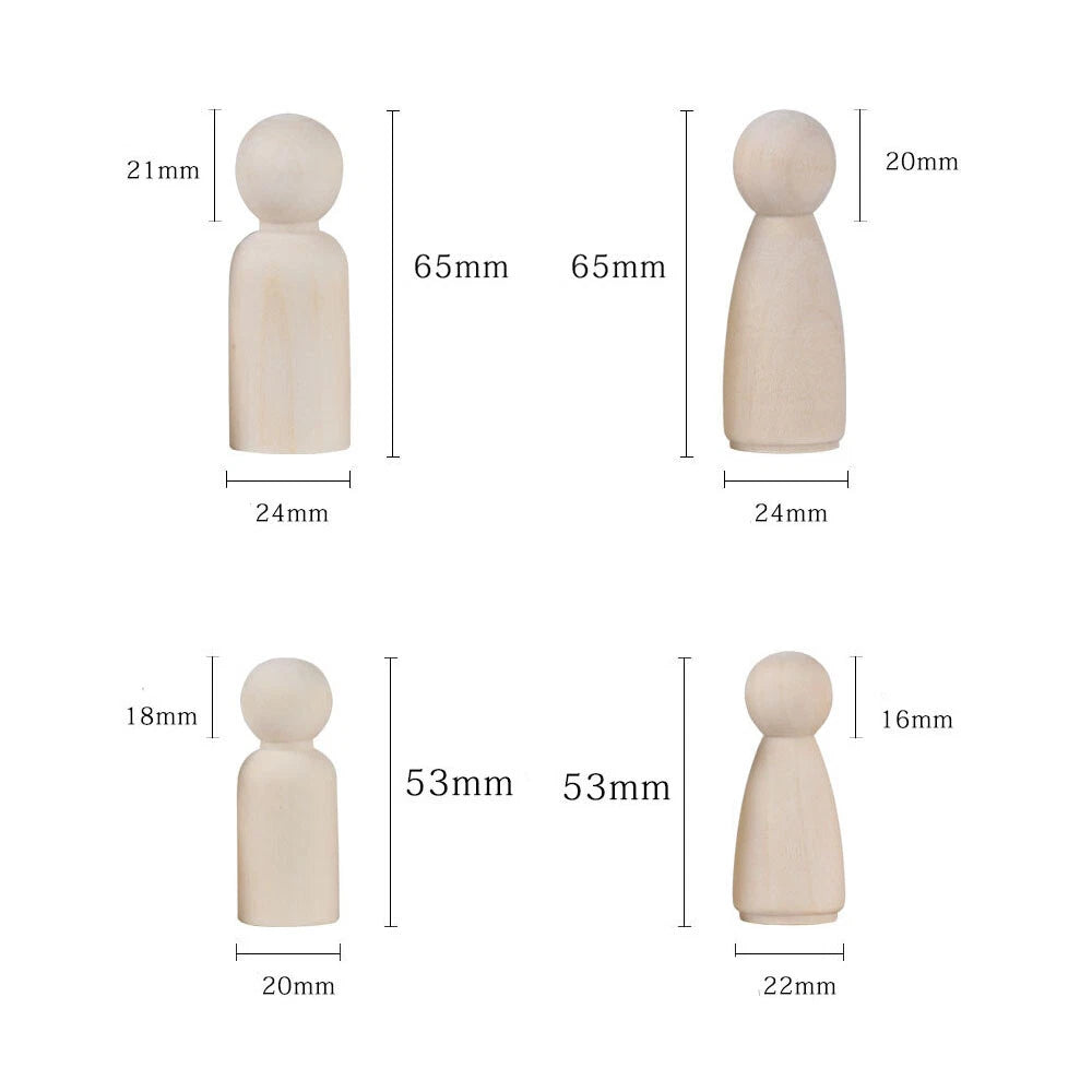 50 Pcs Unpainted Wooden Peg Dolls for Kids DIY Crafts (33-65mm)
