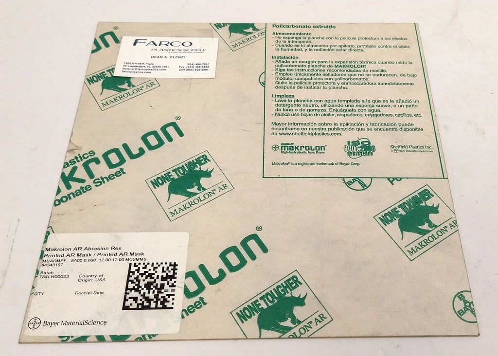 Makrolon AR Polycarbonate Sheet 1ft x 1ft 1/16'' Thick for Automotive Use