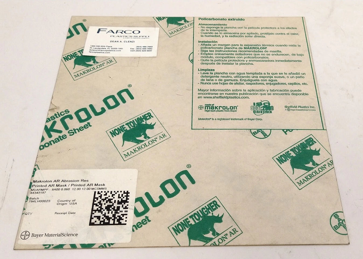 Makrolon AR Polycarbonate Sheet 1ft x 1ft 1/16'' Thick for Automotive Use