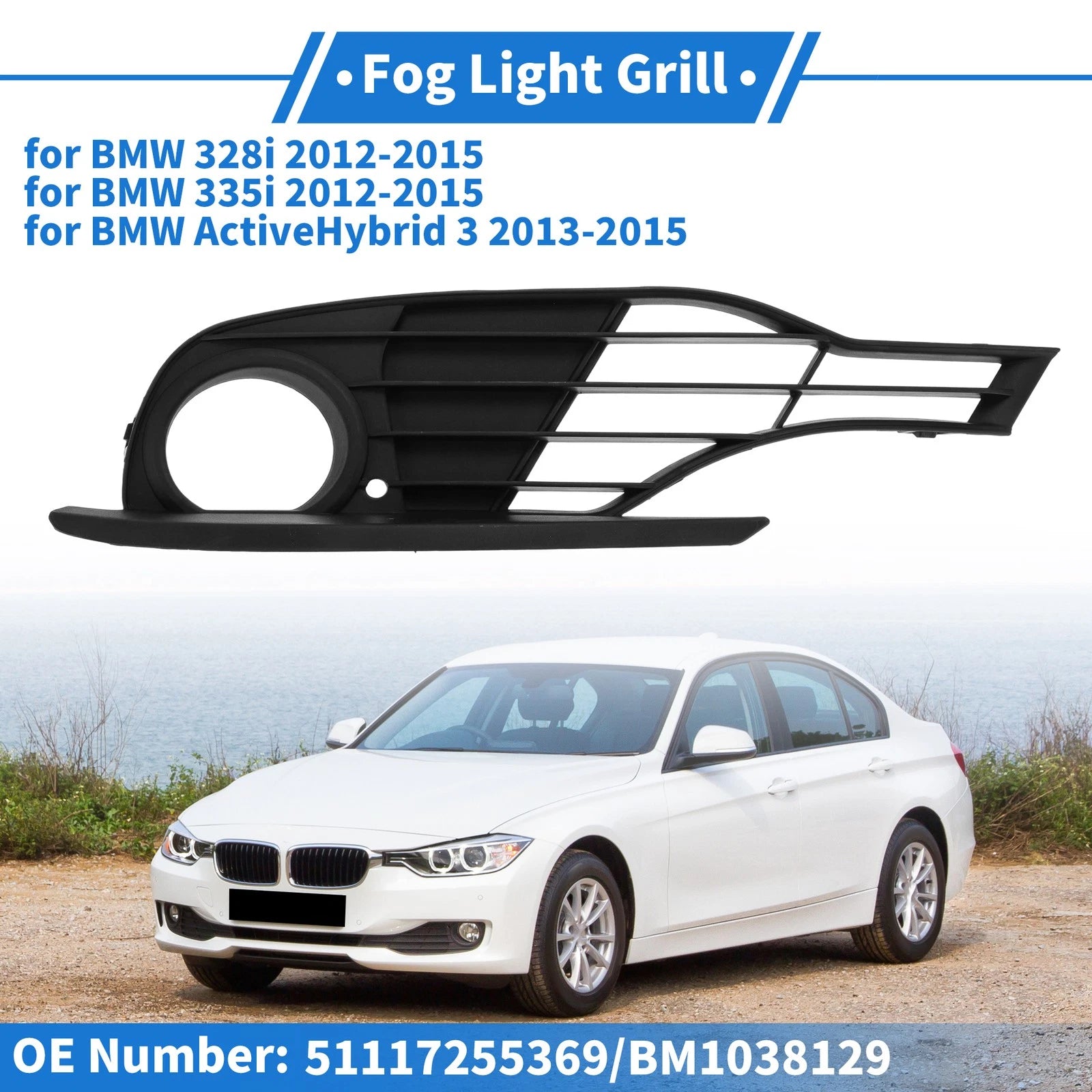 Fog Light Grill Replacement Front for BMW 328i (2012–2015) ABS Black
