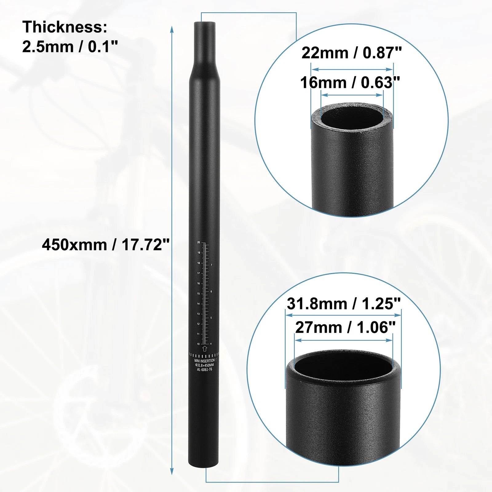 Aluminum Seat Post Scale Mark Black Replacement for Bicycle (31.8x450mm)