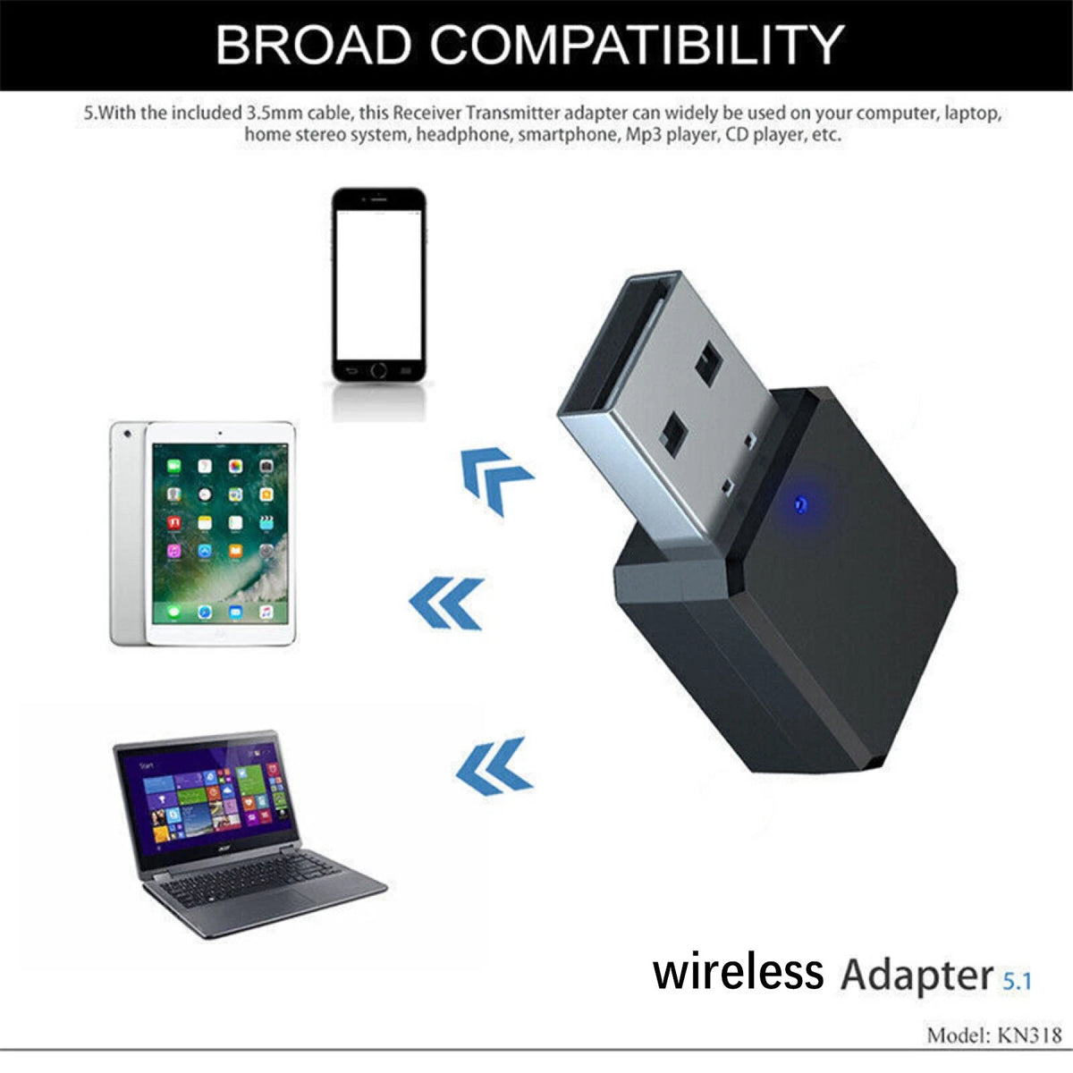 Bluetooth 5.1 Audio Stereo AUX Wireless Receiver Adapter for Vehicles