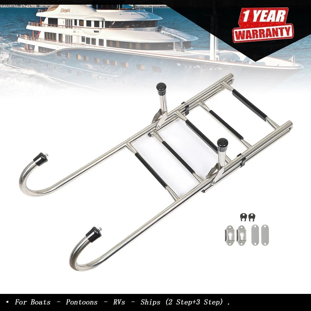 2-Step Stainless Steel Folding Ladder Telescoping 400 lb Limit