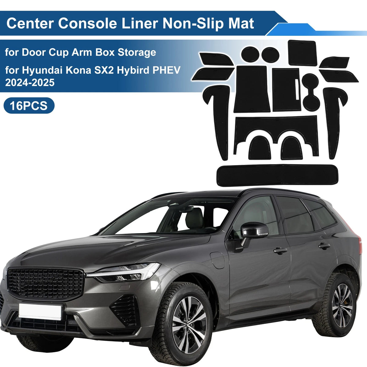 Car Non-Slip Mat Set for Hyundai Kona SX2 Hybrid PHEV (2024–2025) 16 Pcs