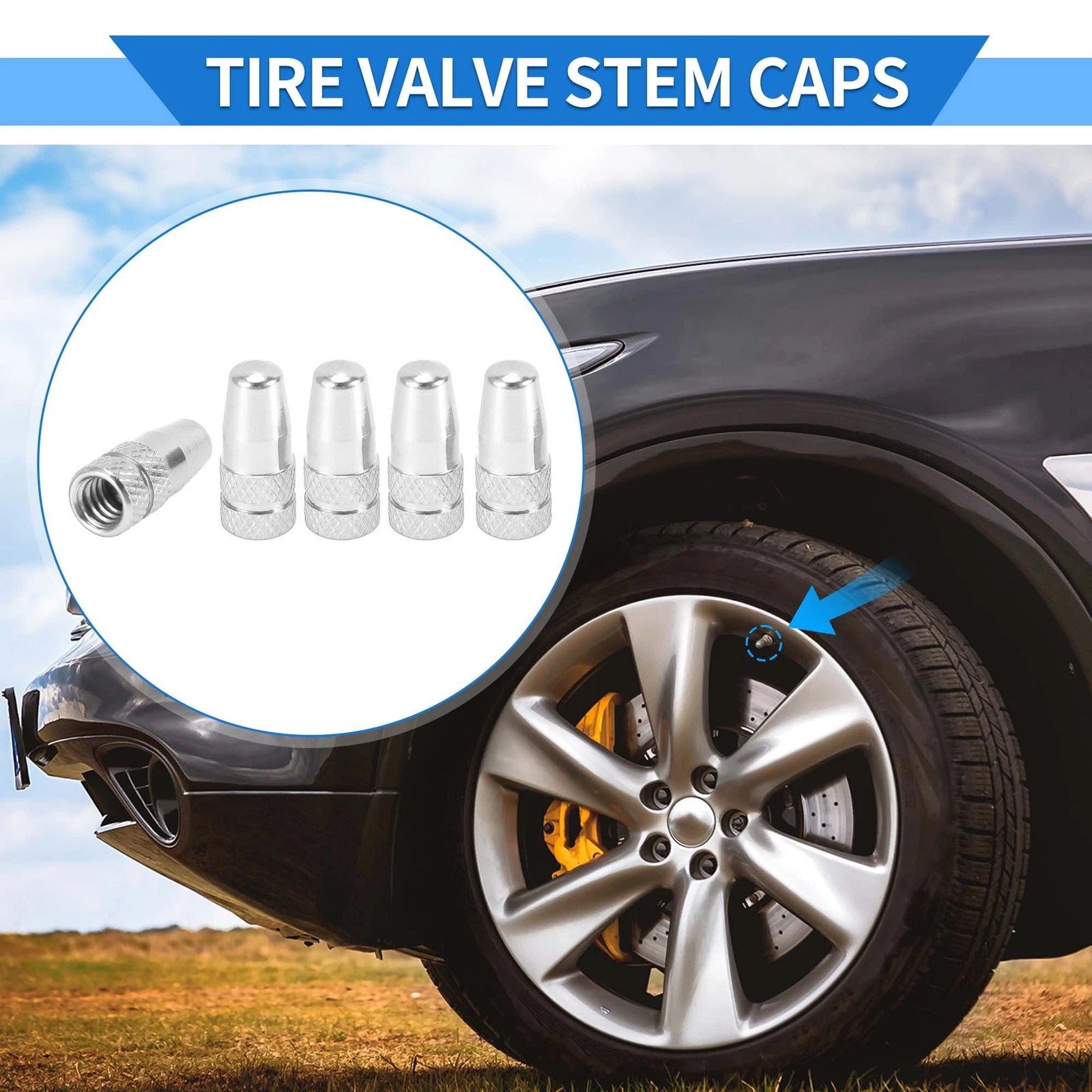 Tire Valve Stem Caps Replacement for Car SUV Bike RV 5 Pack (Silver)