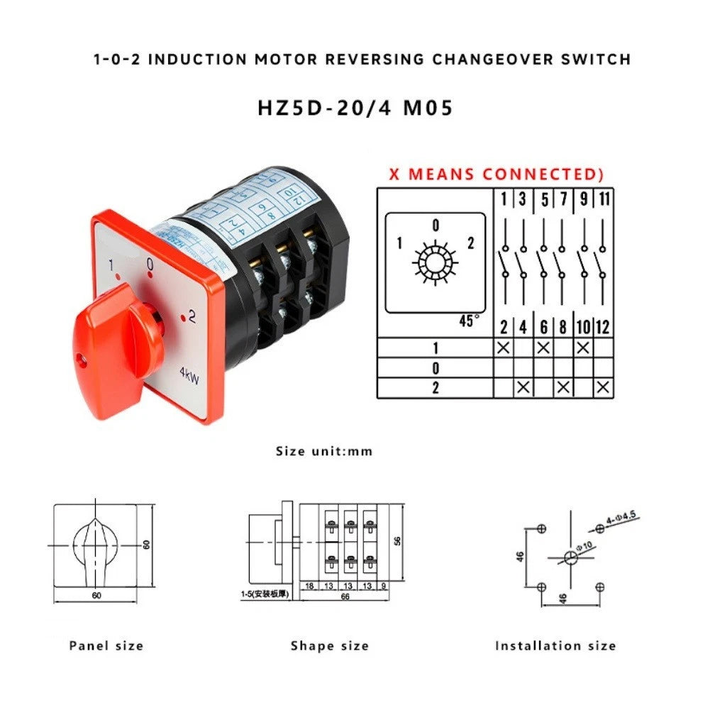 Reversible Motor Switch AC380V 20A 1-0-2 Position 660V Insulation