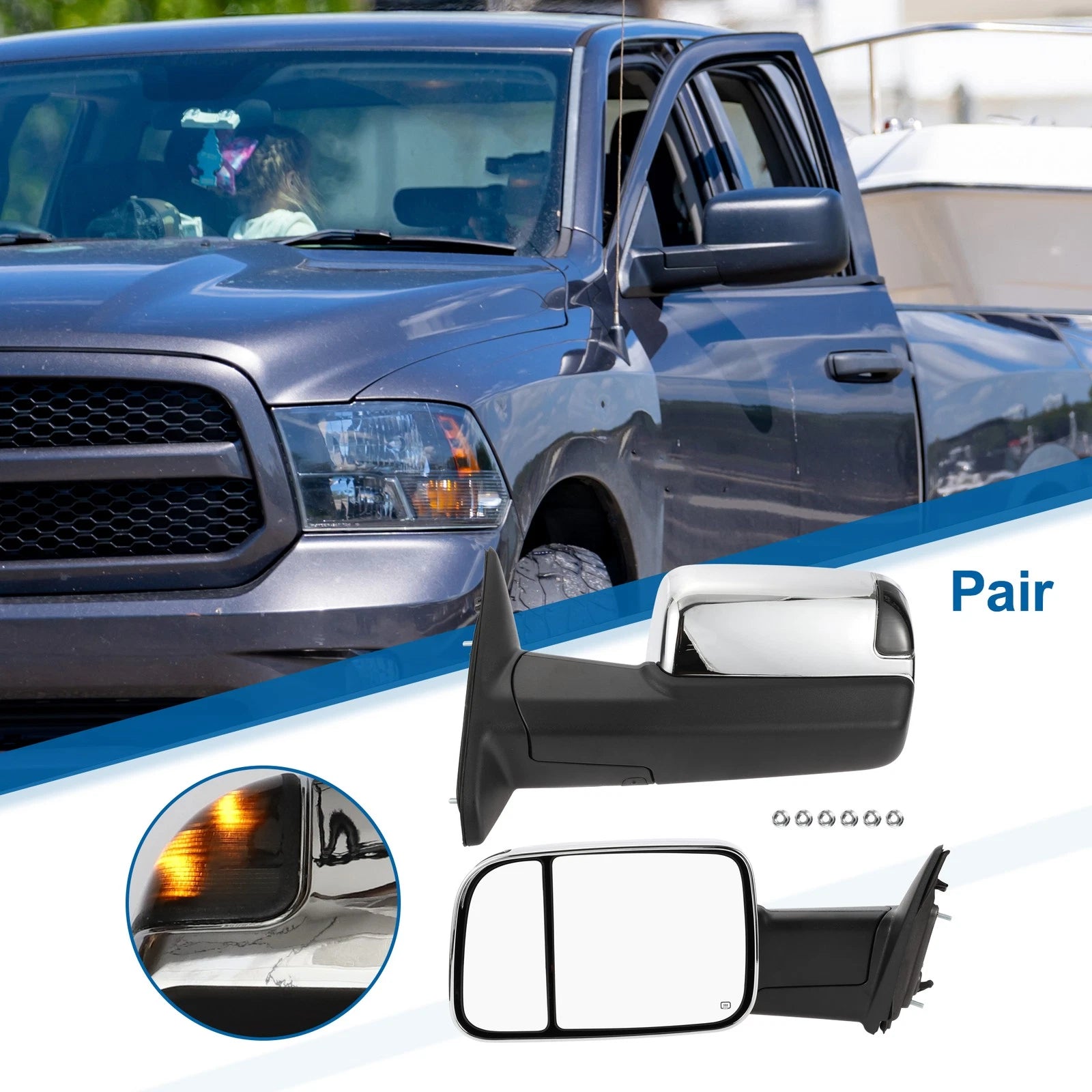 Tow Mirrors for Dodge Ram 1500 with LED Turn Signal Light Pair (2009–2018)