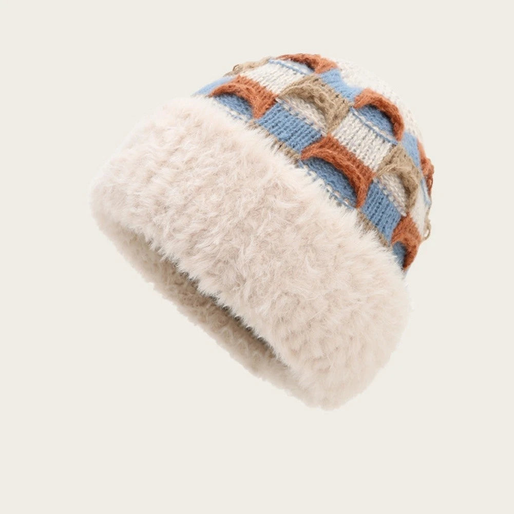 Fleece Winter Beanie Hat for Women - Knitted Color Block Design