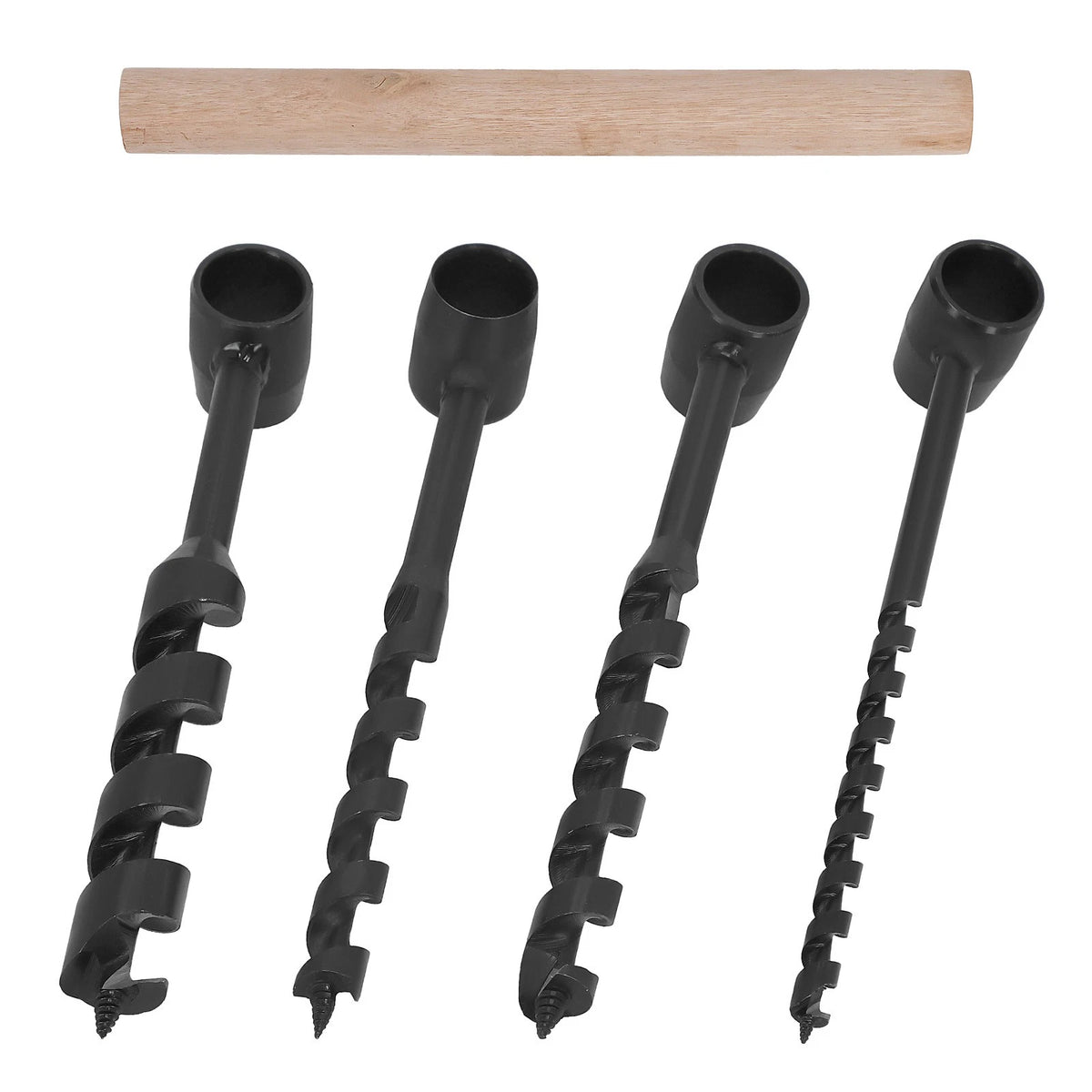 Set of 4 Manual Wood Auger Drill Bits with Handle, Carbon Steel