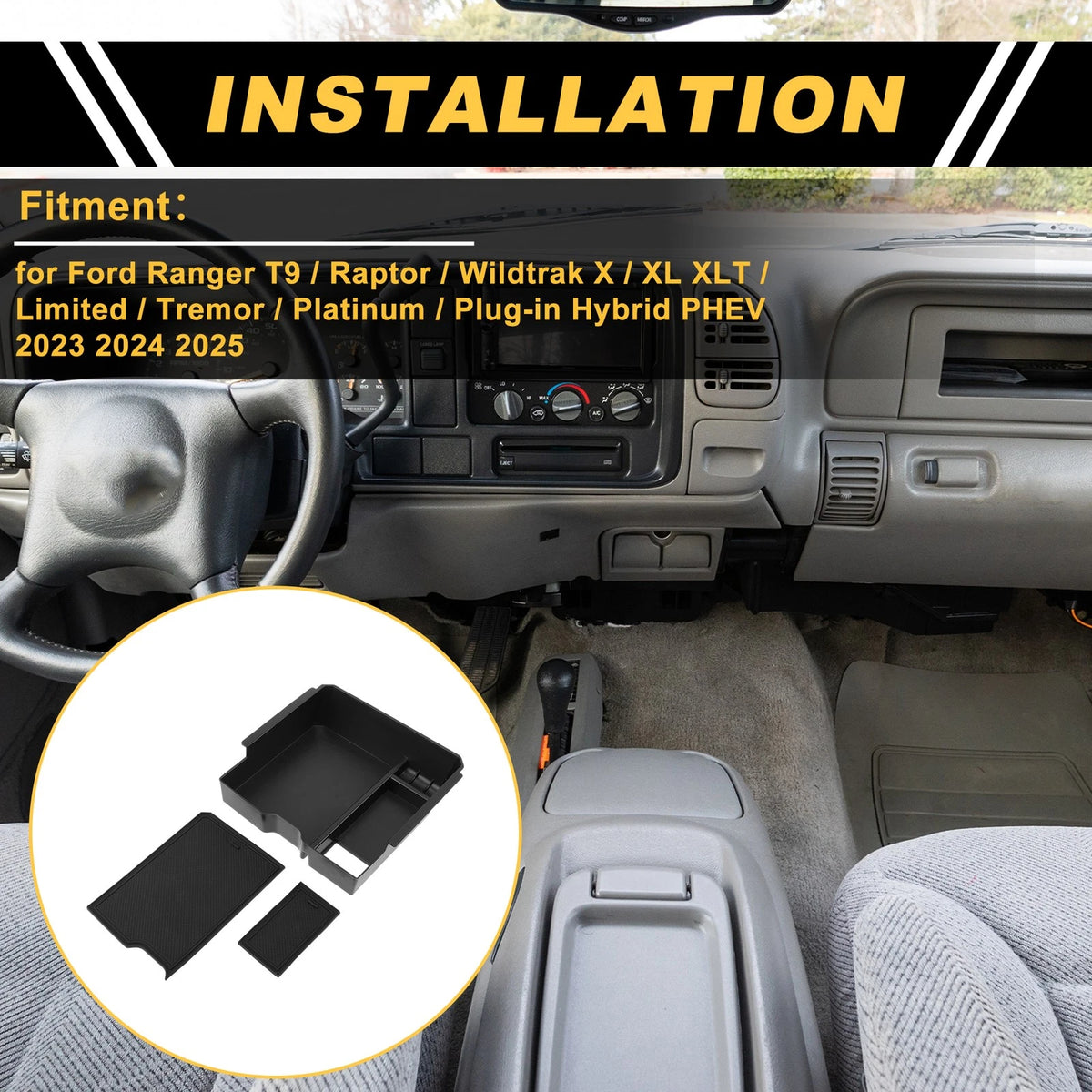 Center Console Armrest Organizer Tray for Ford Ranger T9 Raptor Wildtrak (2020–2024)