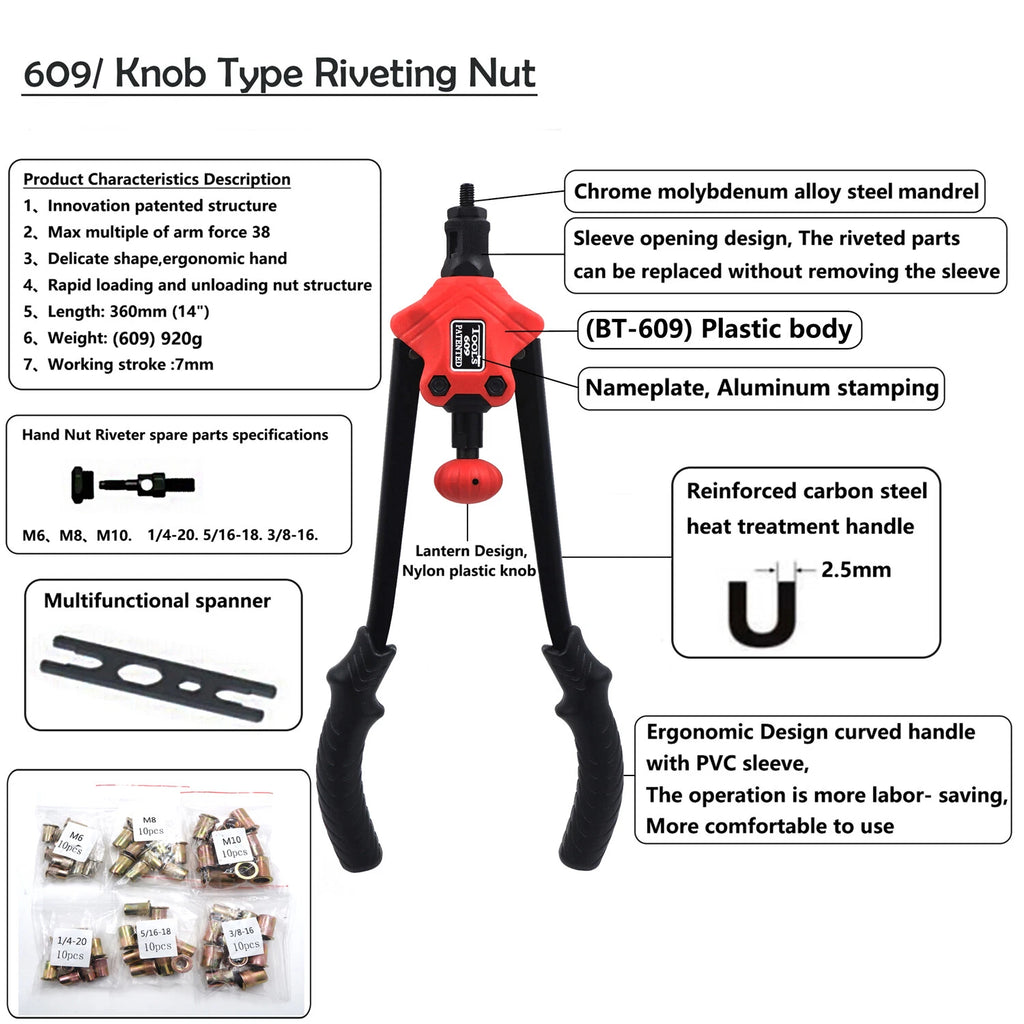 Rivet Nut Gun Kit 60pcs for Universal Use (360mm, 14")