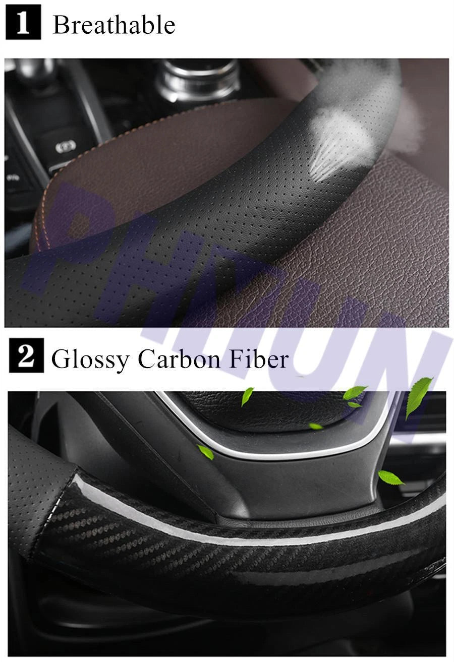 D Shape Steering Wheel Cover for Universal Fit (Black Leather, Carbon Fiber)