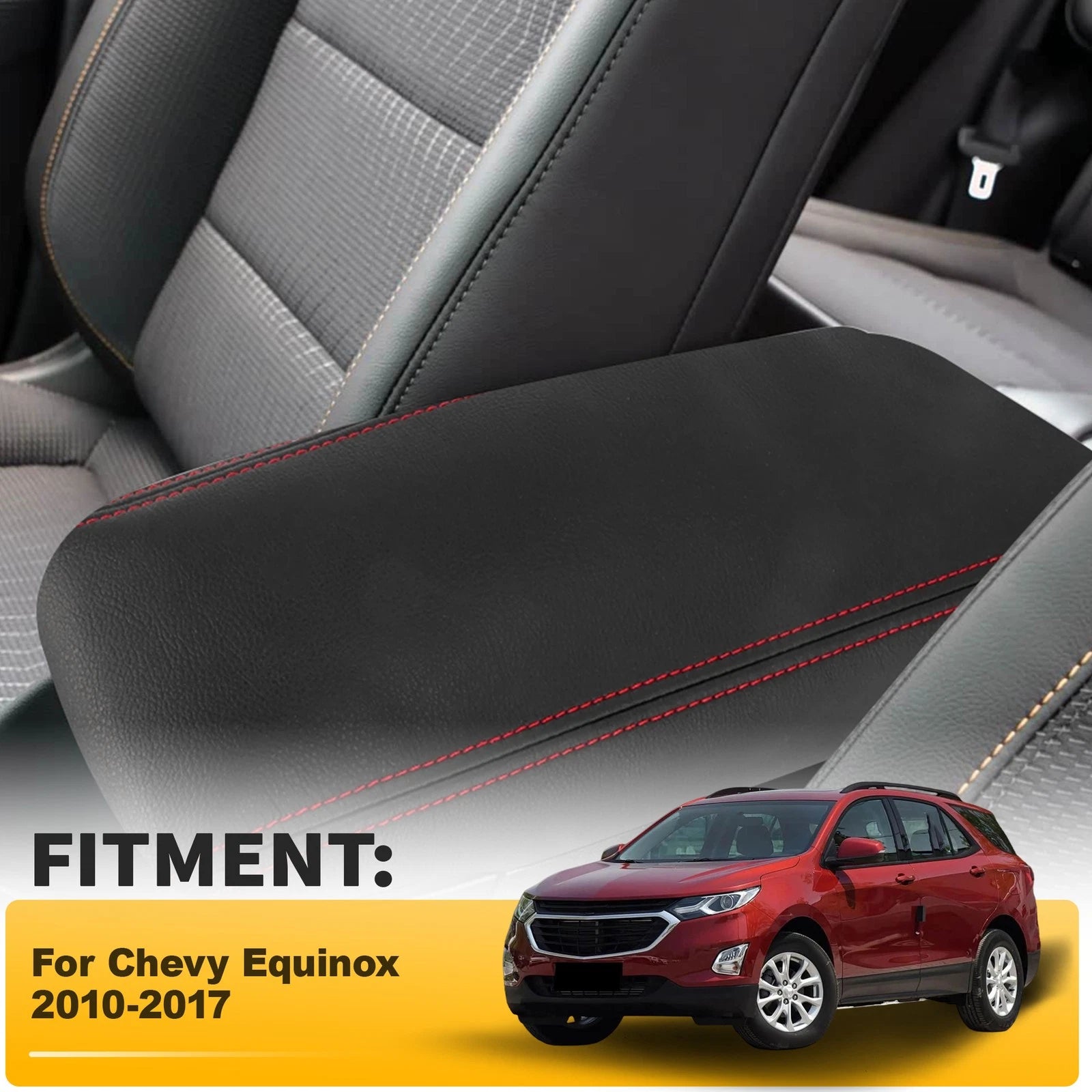 Black Leather Console Lid Armrest Cover for Chevy Equinox (2010–2017) Red Stitch