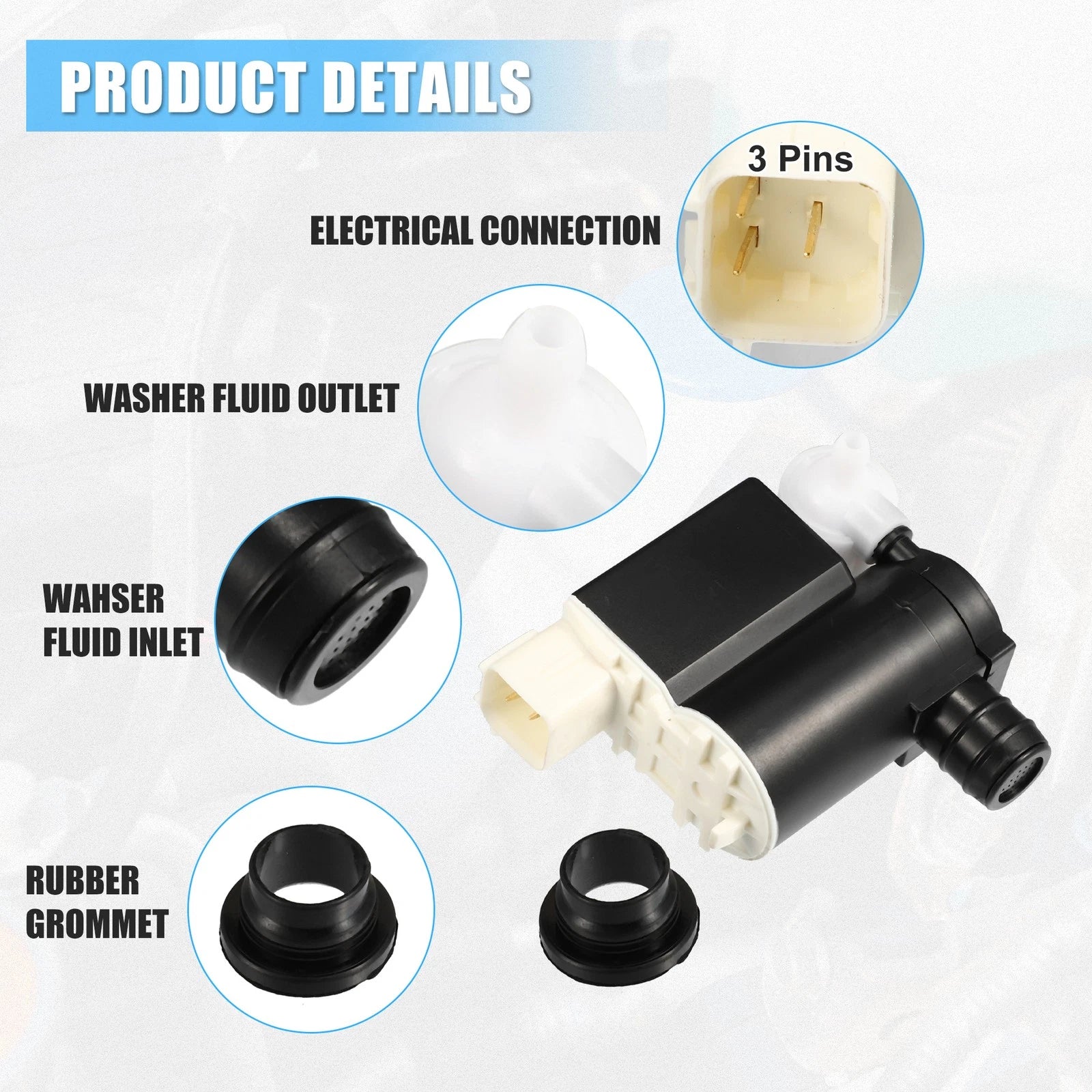Windshield Washer Motor Pump with Grommet for Hyundai Veloster (2012–2017)