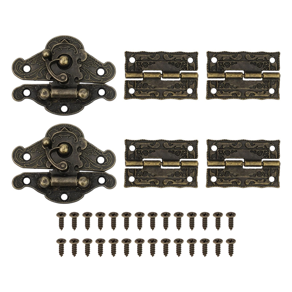 Set of 4 Retro Bronze Cabinet Hinges and Latches for Tool Boxes and Cupboards