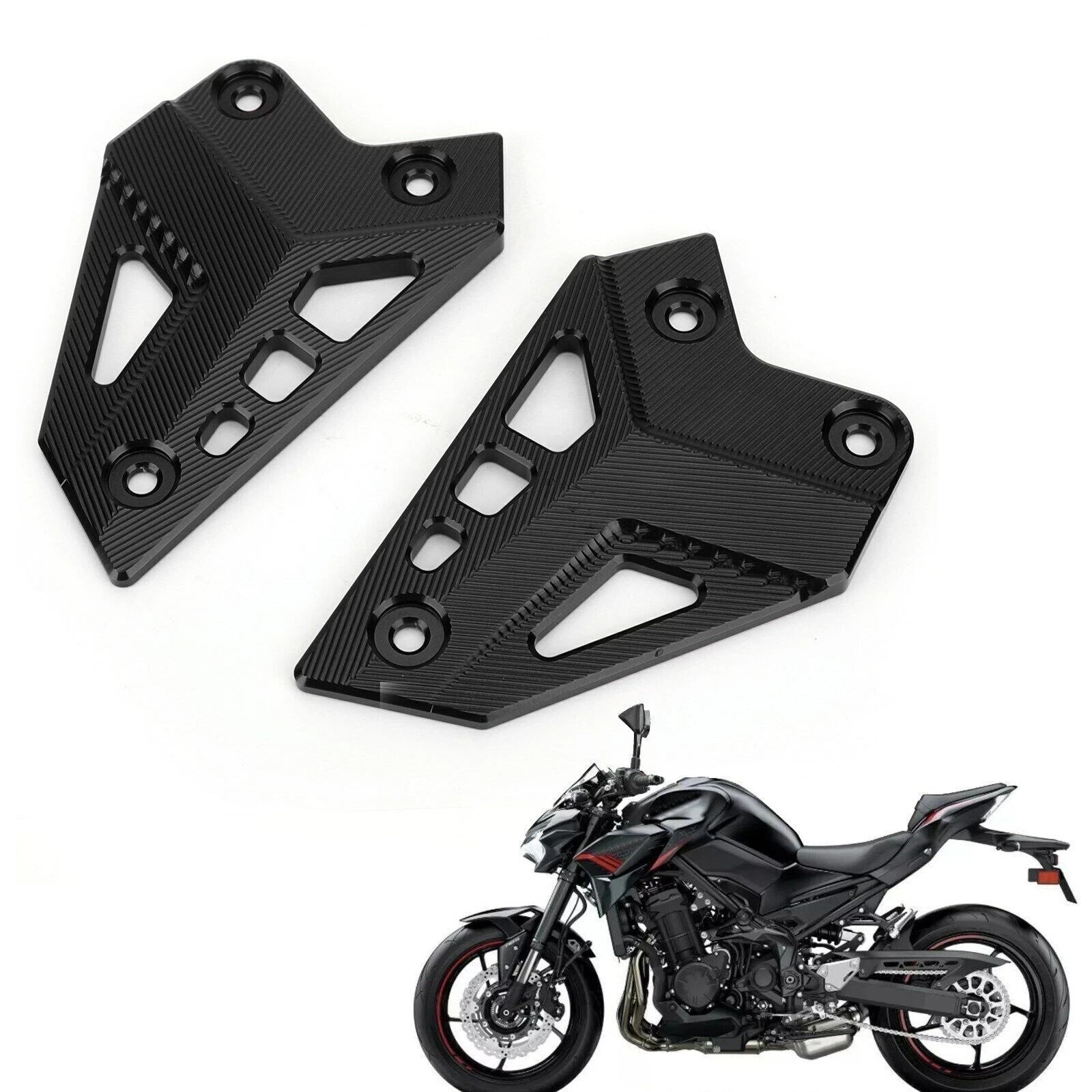 Set of 2 Black Hanger Heel Plate Boot Guards for Kawasaki Z900 (2017)