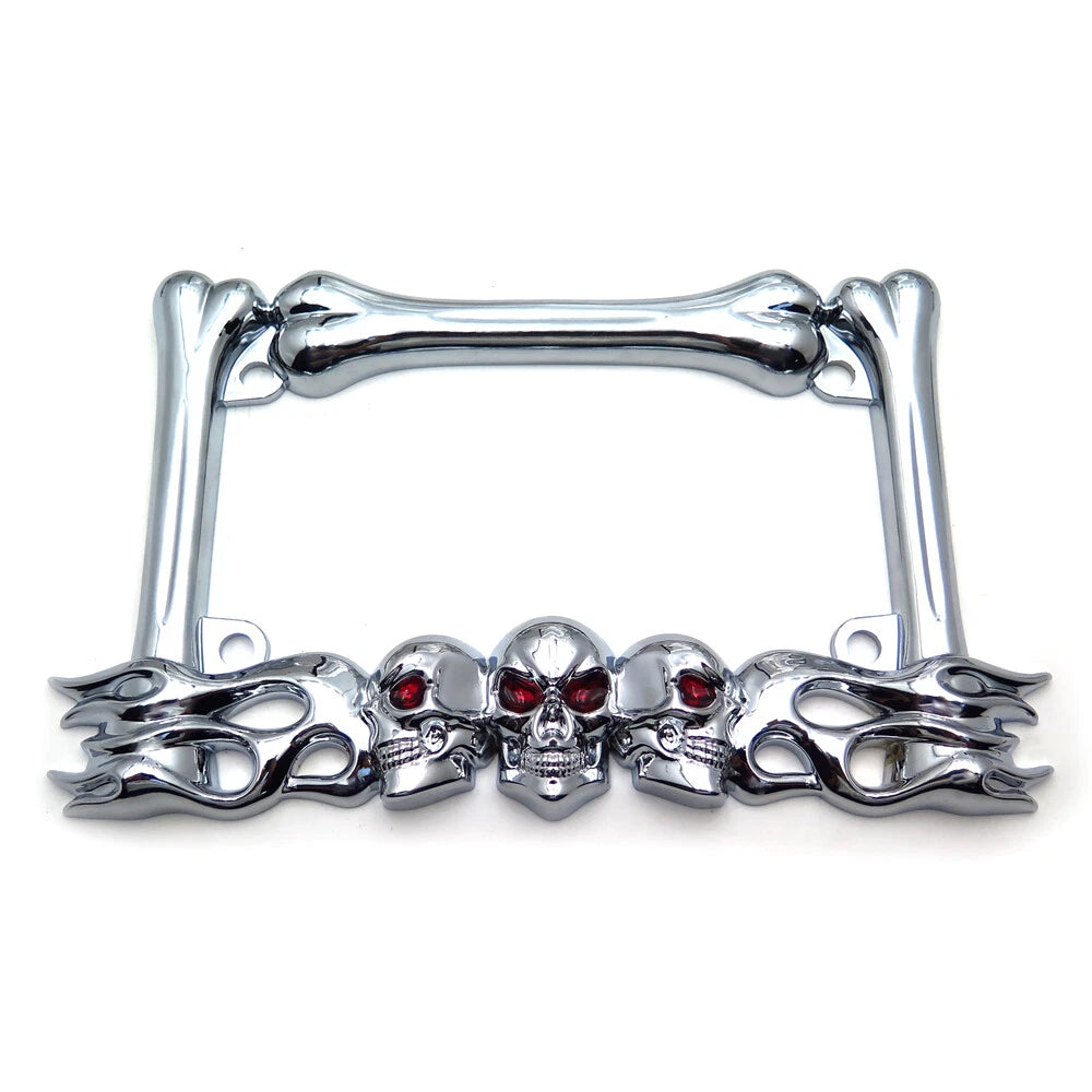 Skull & Flame License Plate Frame for Motorcycle (Chrome)