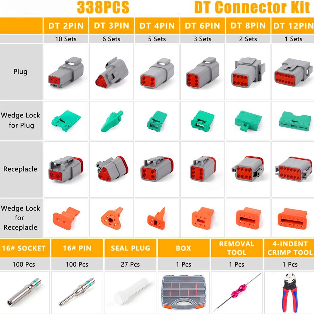 338Pcs DT Connector Kit with Crimping Tools for Automotive Electrical Systems