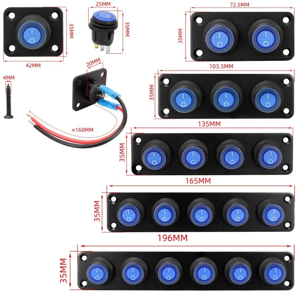 Waterproof LED Switch Panel for Boat RV Car 12 Volt (1 to 6 Button Options)
