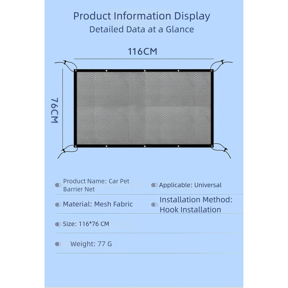 Back Seat Pet Barrier Net for Car (116x76cm) - Black Mesh Divider