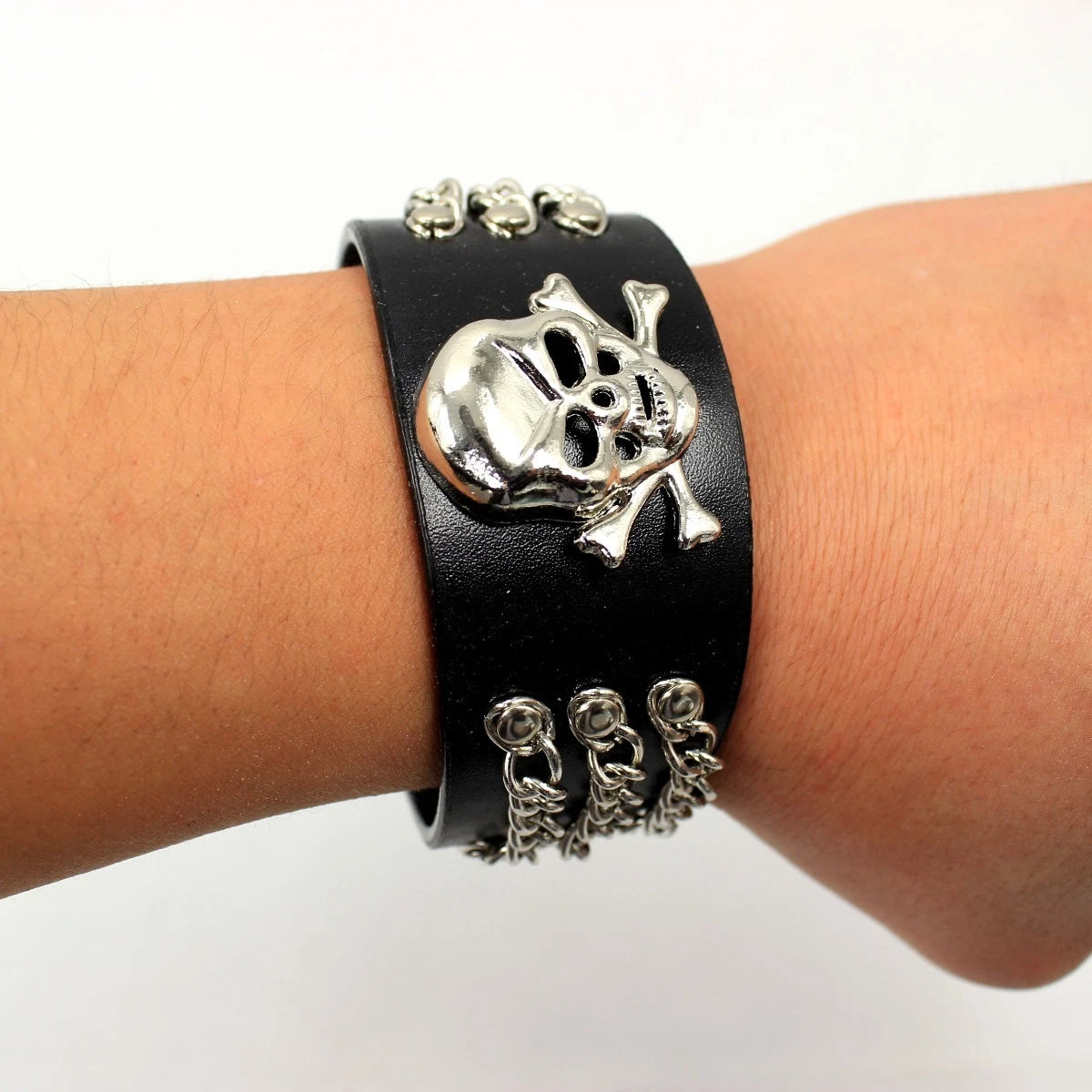Skull Head Bracelet for Punk Rock Style (Black PU Leather)