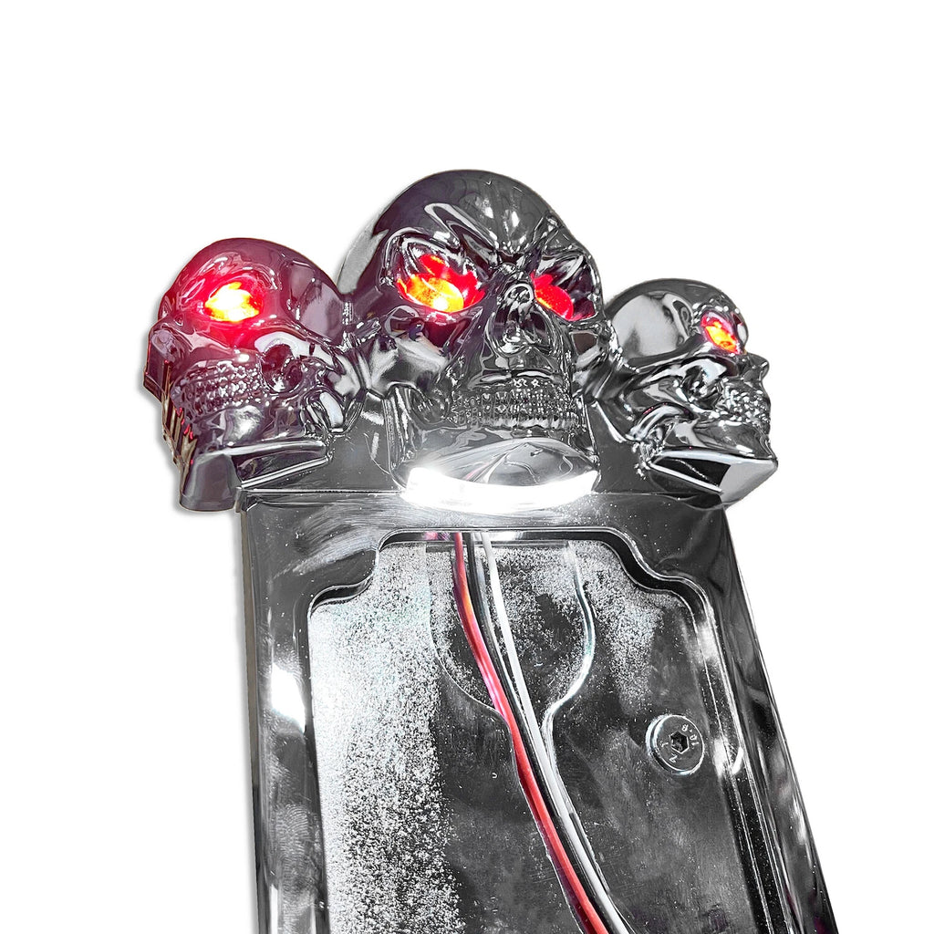 Chrome Side Mount License Plate Frame with Skull LED Brake Tail Light