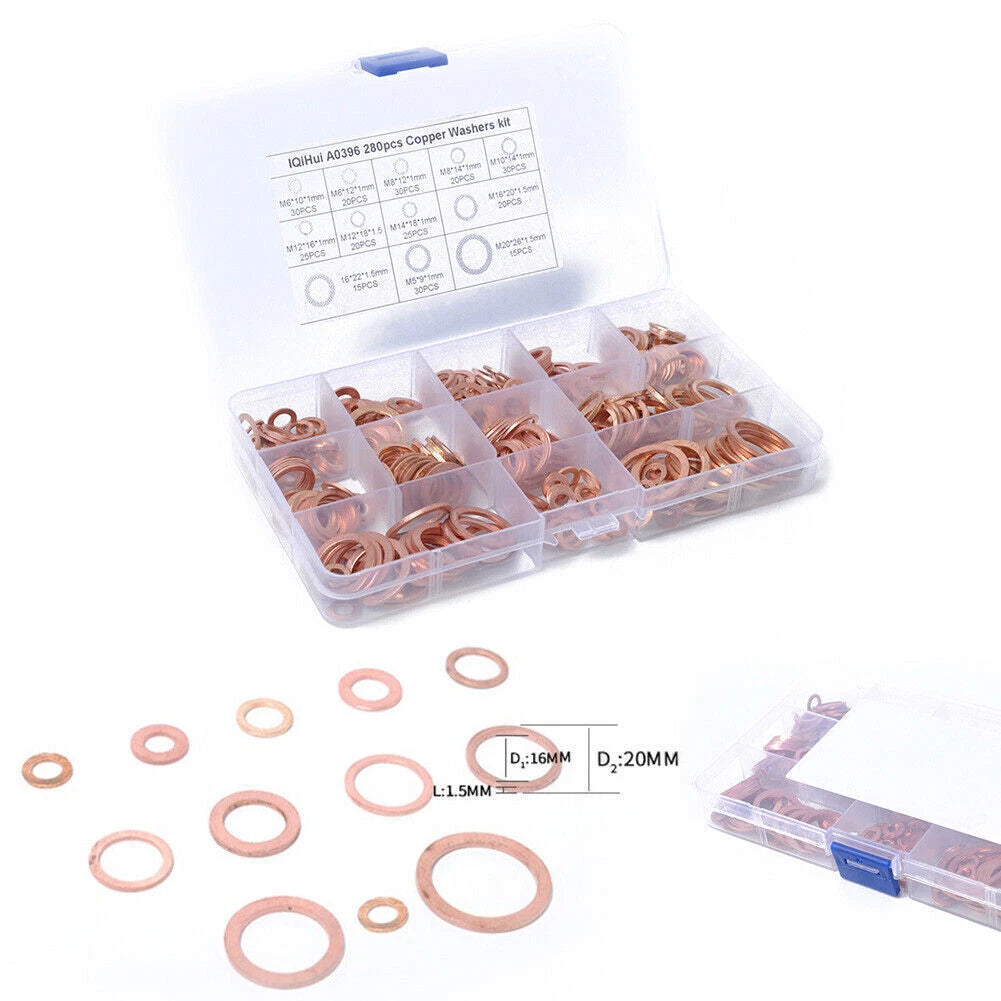 280pcs Solid Copper Crush Washers Assorted Seal Flat Ring Hardware Kit