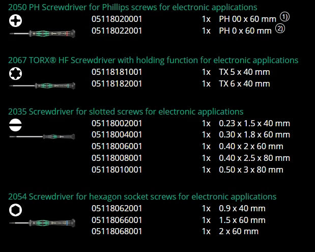 Screwdriver Set for Wera Kraftform Micro-Set/12 Sb (Electronic Applications)