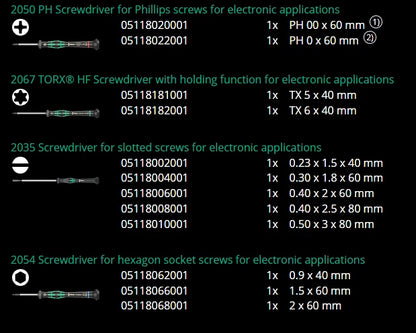 Screwdriver Set for Wera Kraftform Micro-Set/12 Sb (Electronic Applications)