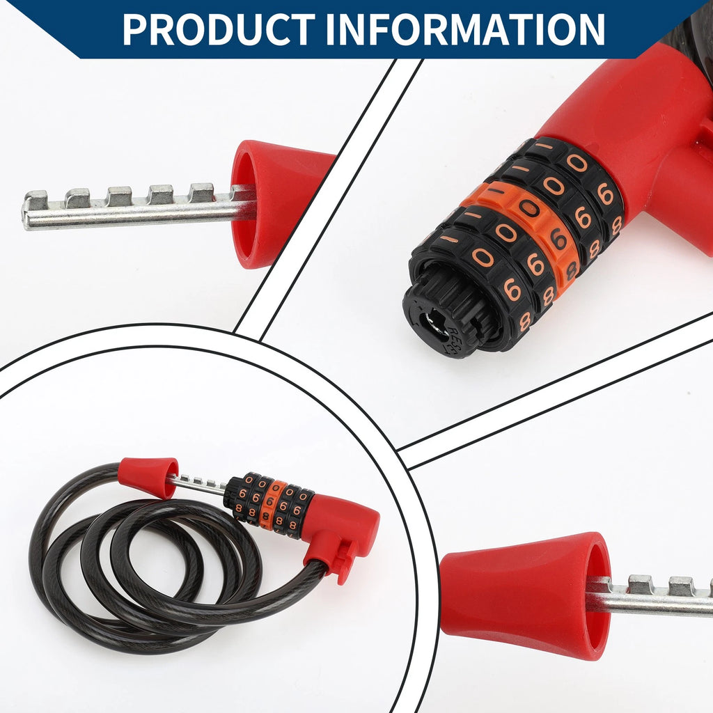 Resettable 5 Digit Bike Lock Cable Lock for Extended Bicycle (Black Red)