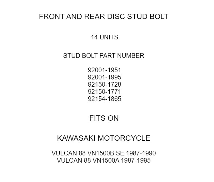 Disc Stud Bolt Front Rear Set for Kawasaki Vulcan 88 VN1500 (1987–1995)