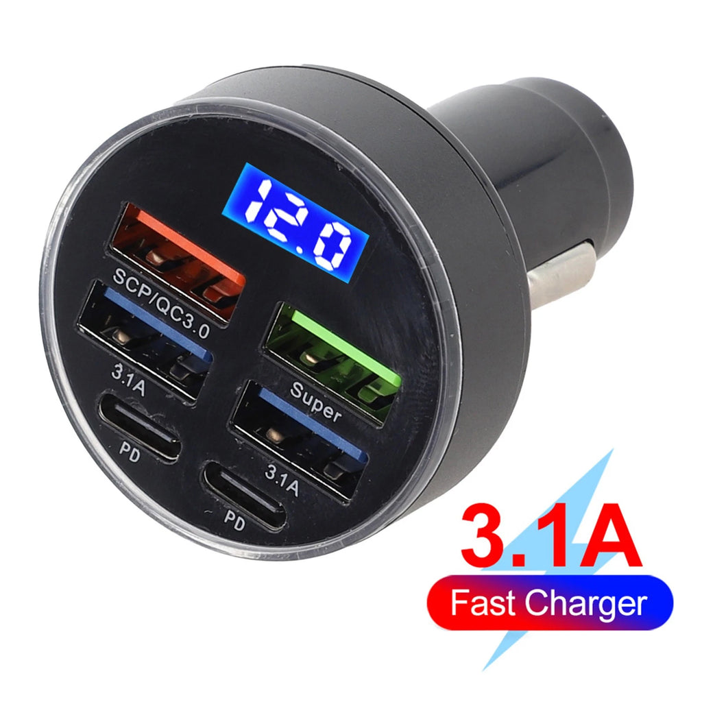 6-Port Car Charger with LED Display and Multiple USB Outputs