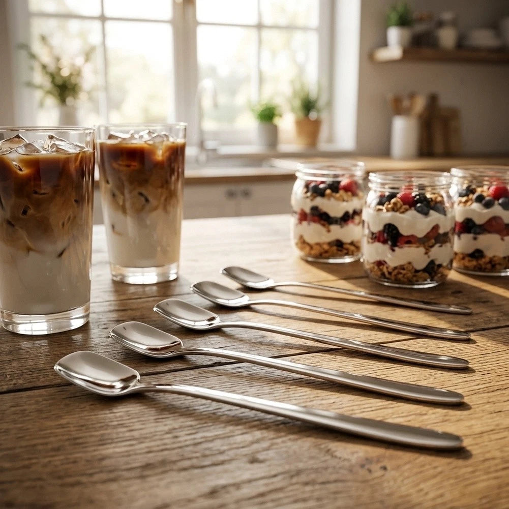 Set of 4 Stainless Steel Long Handle Dessert Spoons