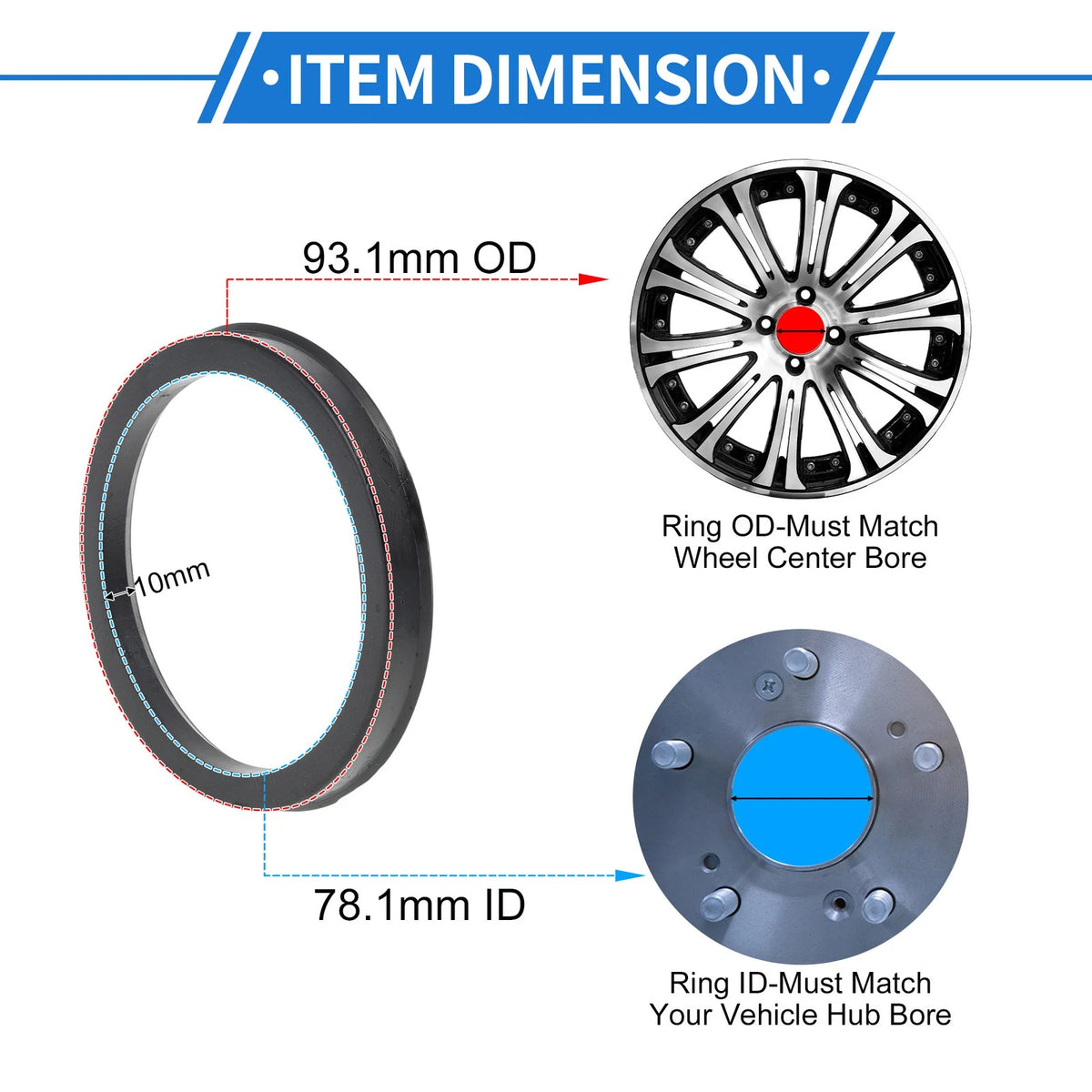 Set of 4 Wheel Hub Centric Rings for Car (93.1mm to 78.1mm) Black Polycarbonate