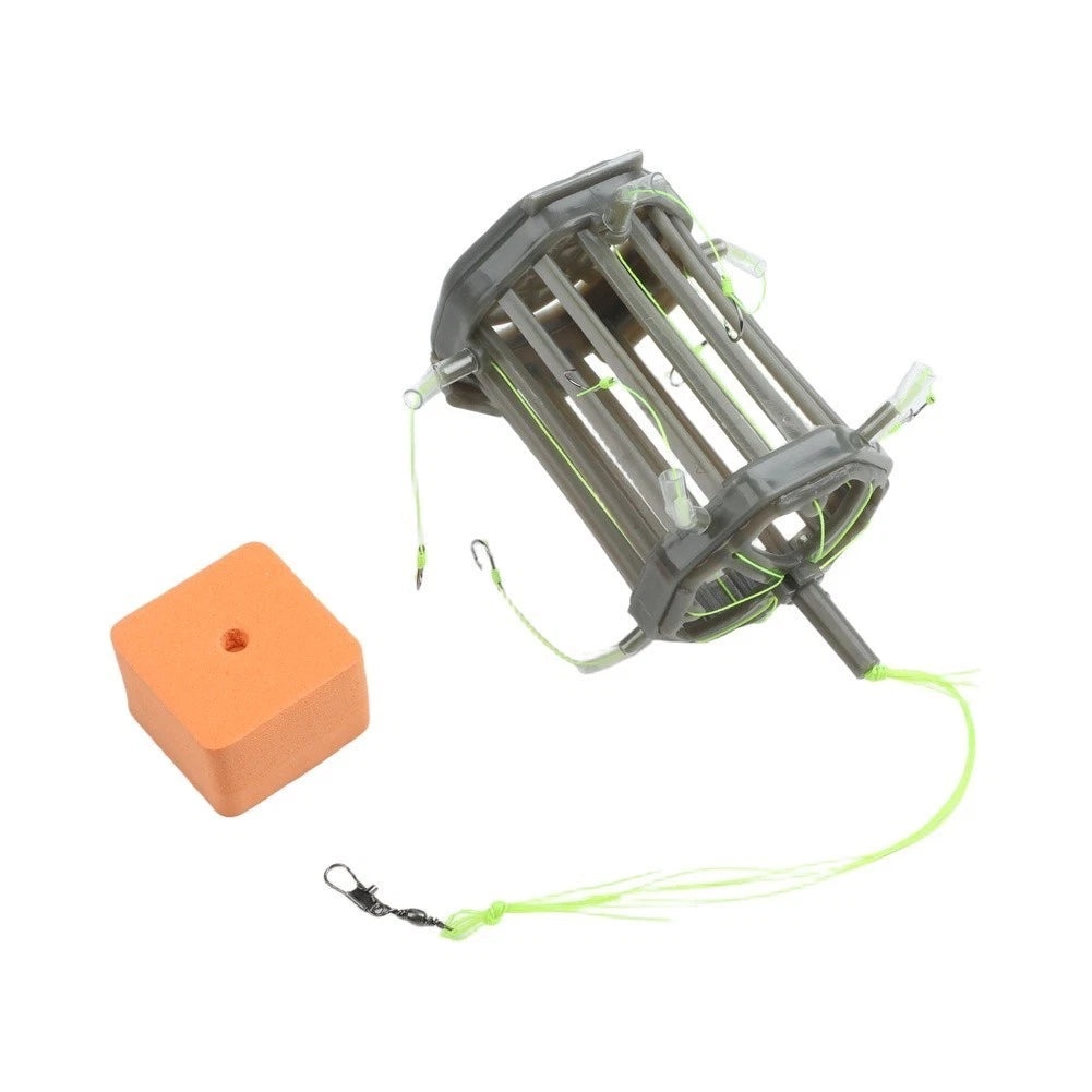 Fishing Bait Cage String Feeder with 8 Carbon Steel Hooks for Carp