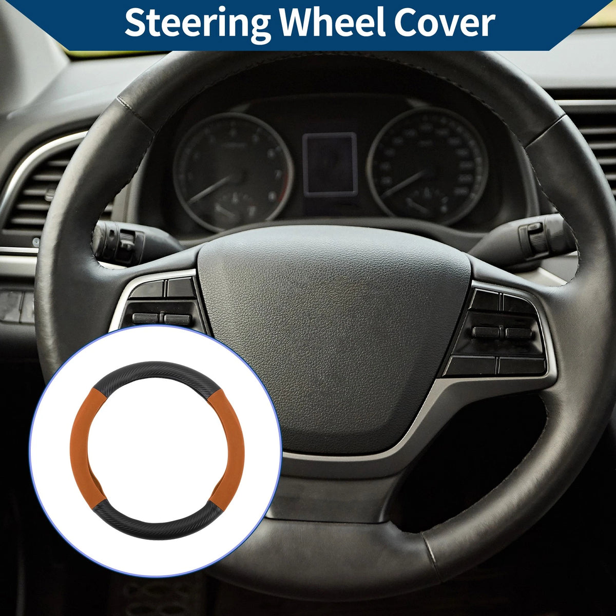PU Leather Steering Wheel Cover for Universal Fit (14.96", Black Orange)