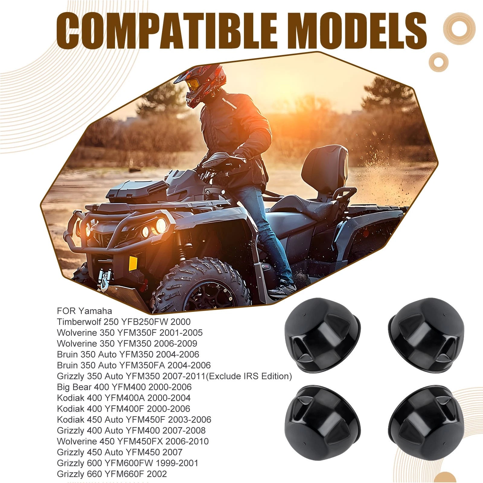 Set of 4 Wheel Center Caps for Yamaha Kodiak 450 YFM450F (2003–2006) Grizzly 450 (2007)