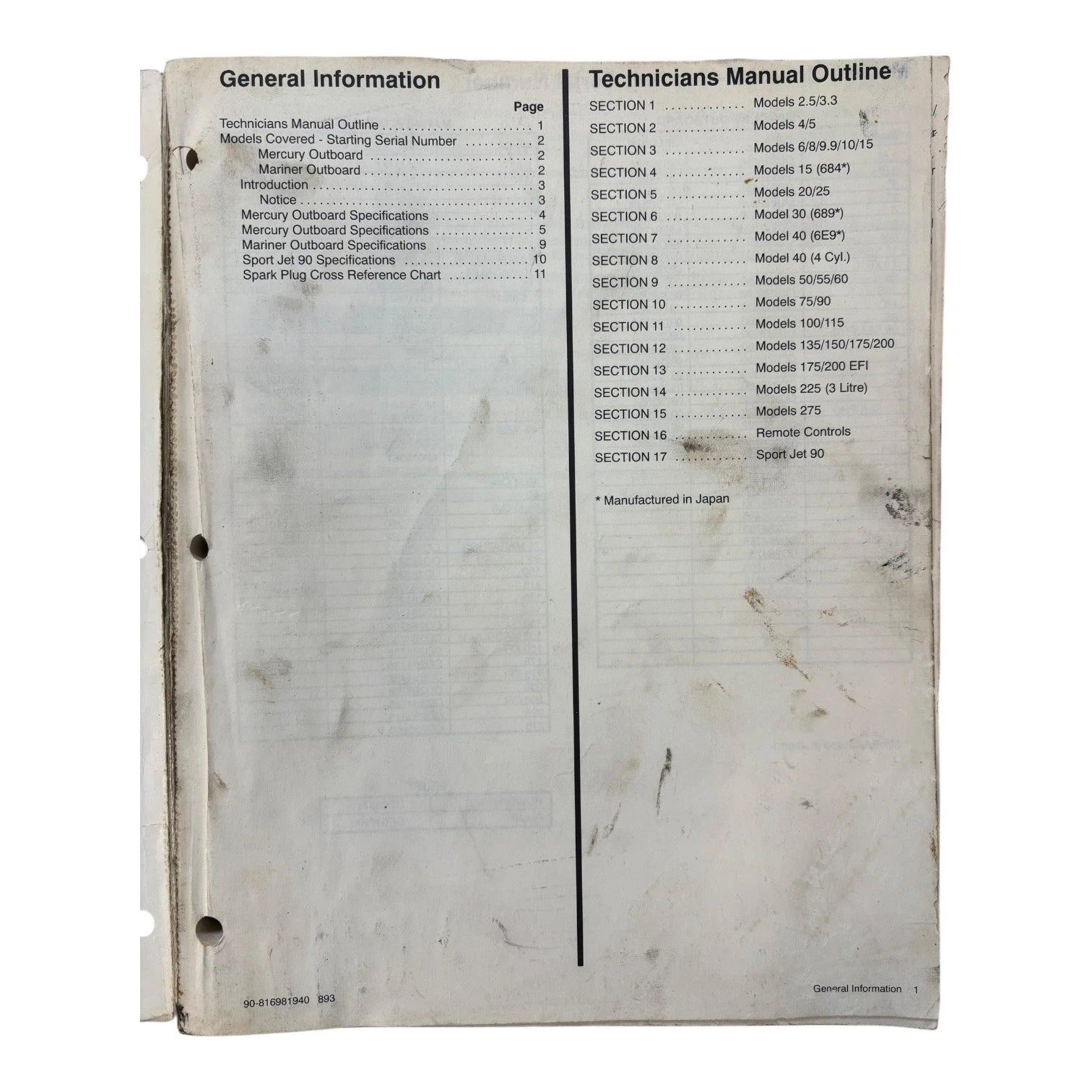 Technicians Handbook for Mercury Mariner Outboards (1994) 90-816981940