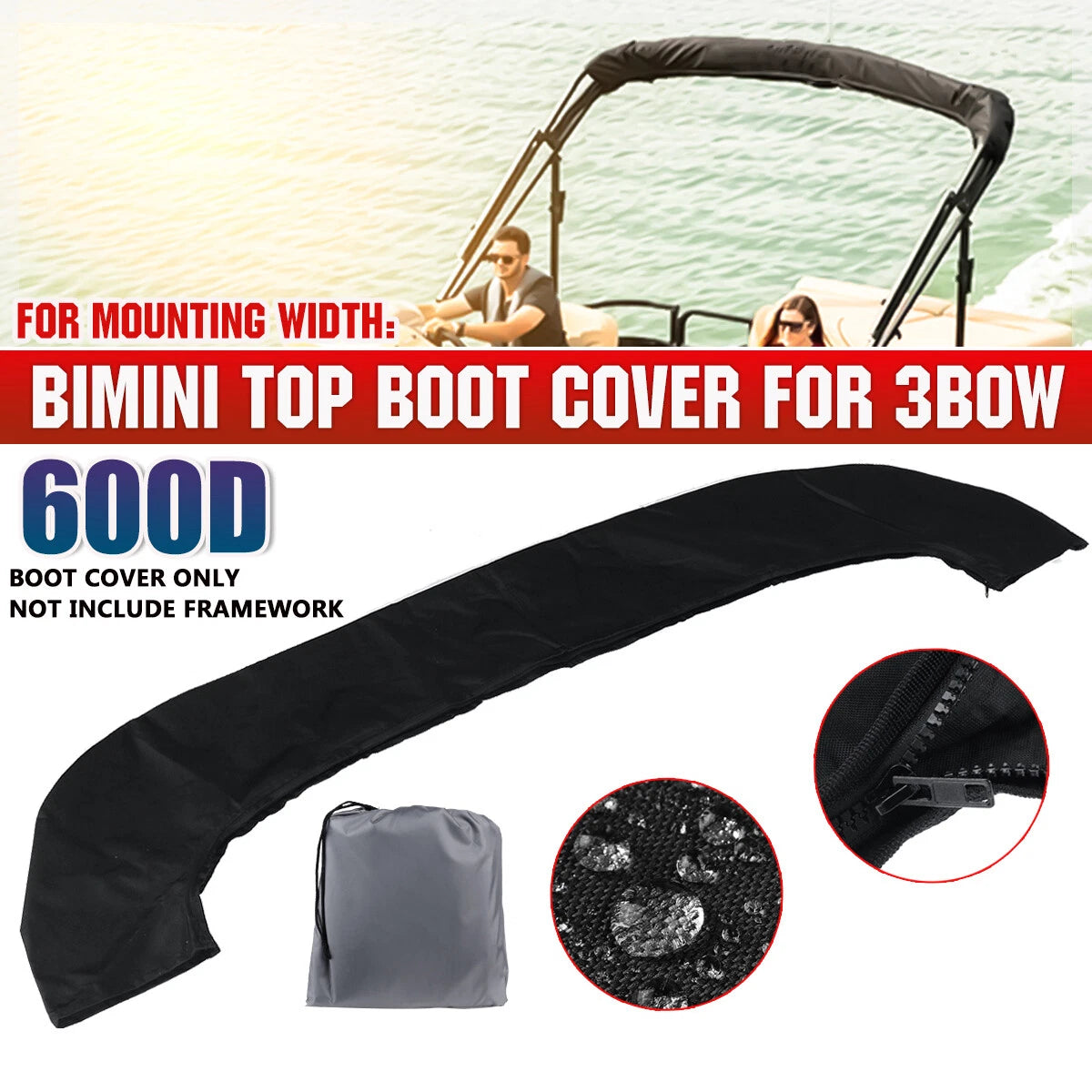 3 Bow Bimini Top Boot Cover for Boat (600D Black)