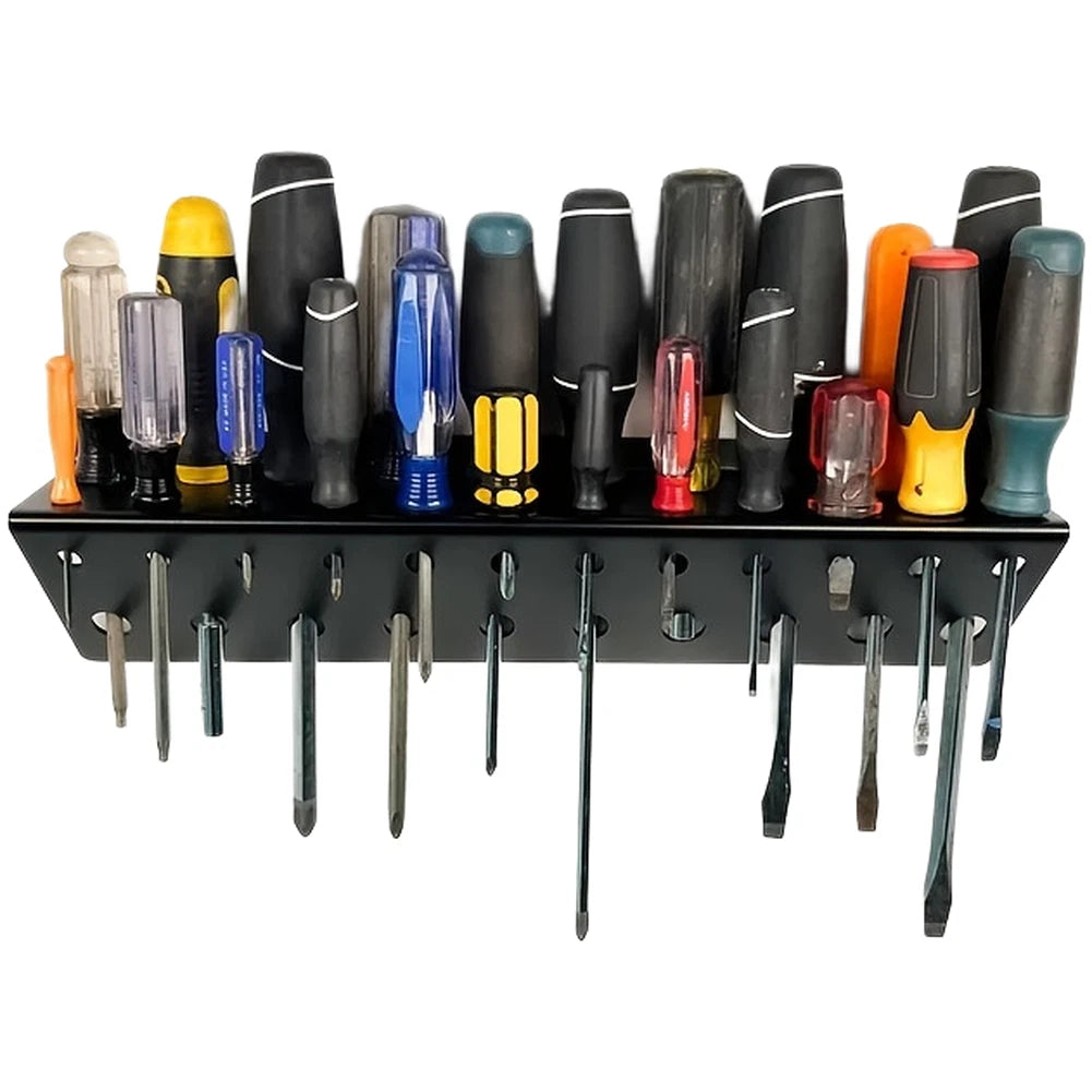 11-Hole Black Iron Screwdriver Holder for Workshop Use
