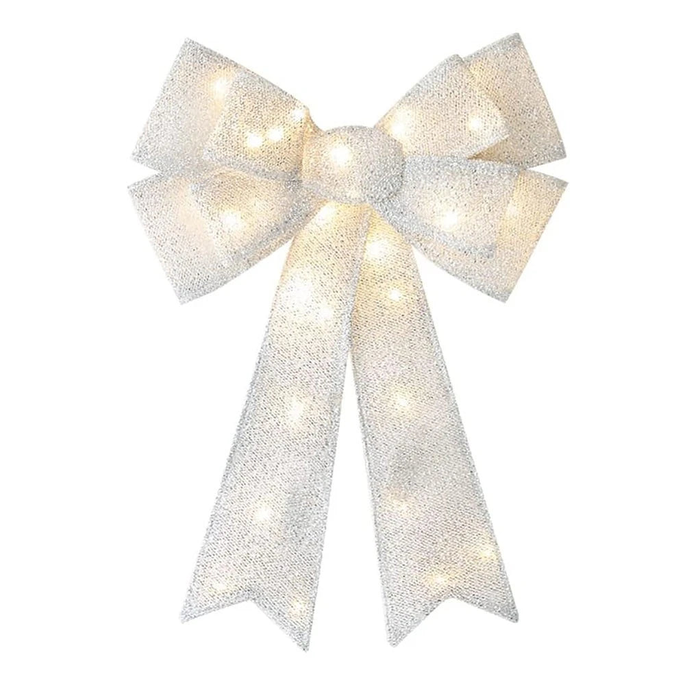 Large Silver Lighted Bow for Christmas Tree Topper (Indoor Use)